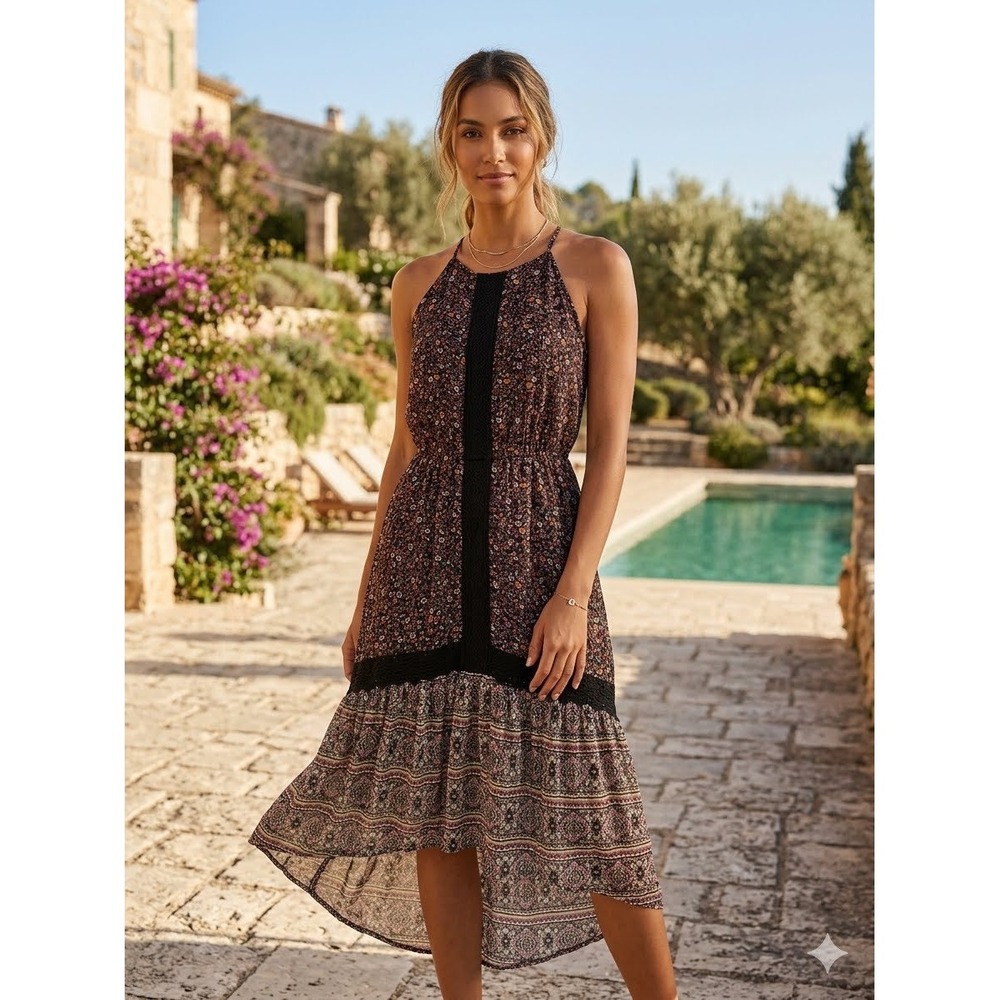 Knox Rose Floral Halter Midi Dress Crochet Lace Trim High-Low XS New Boho chic